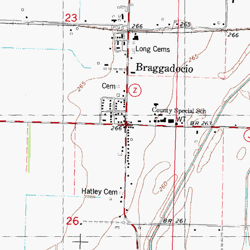 Topographic Map of Braggadocio, MO