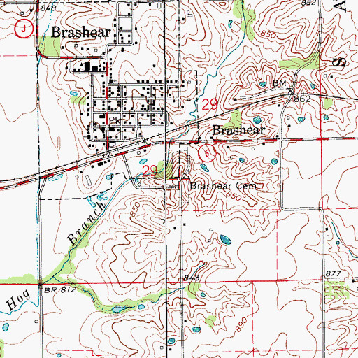 Topographic Map of Brashear Cemetery, MO