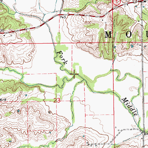Topographic Map of Bridge Creek, MO