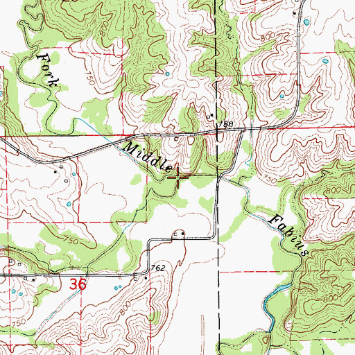 Topographic Map of Bridge Creek, MO