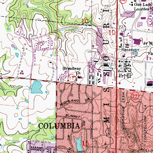 Topographic Map of Broadway Church, MO