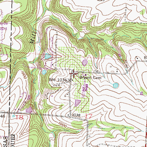 Topographic Map of Bryant Cemetery, MO