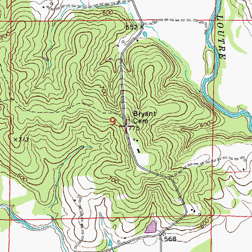 Topographic Map of Bryant Cemetery, MO