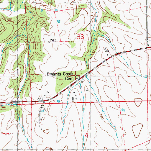 Topographic Map of Bryants Creek Cemetery, MO