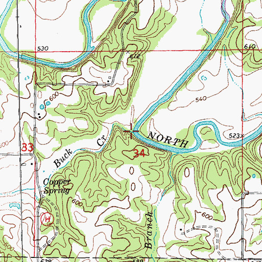 Topographic Map of Buck Creek, MO