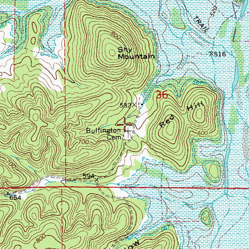 Topographic Map of Buffington Cemetery, MO