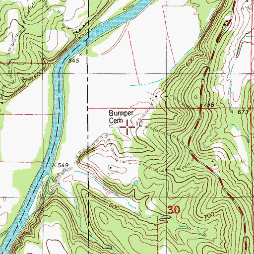 Topographic Map of Bumper Cemetery, MO