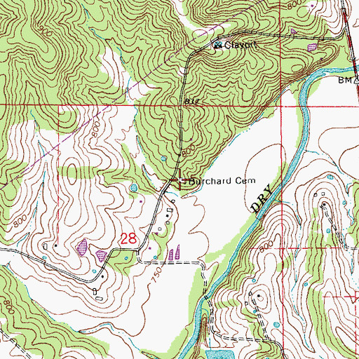 Topographic Map of Burchard Cemetery, MO