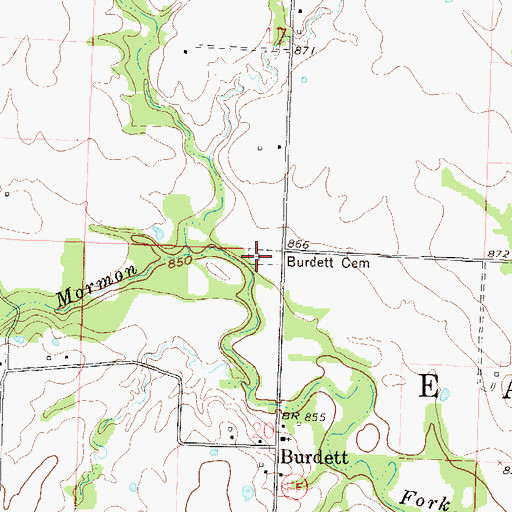 Topographic Map of Burdett Cemetery, MO