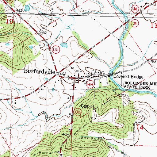 Topographic Map of Burfordville, MO