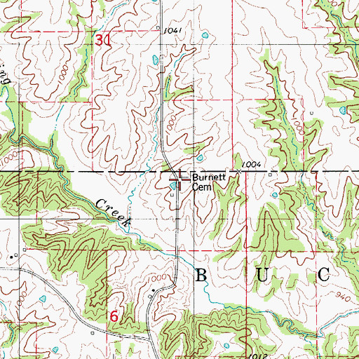 Topographic Map of Burnett Cemetery, MO