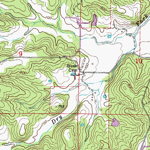 Topographic Map of Bush Cemetery, MO