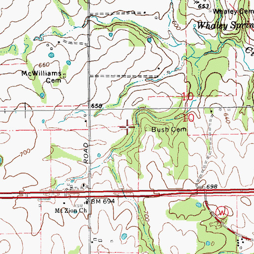 Topographic Map of Bush Cemetery, MO