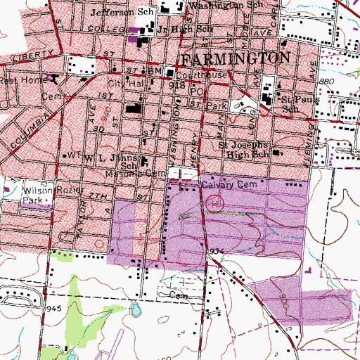 Topographic Map of Calvary Cemetery, MO