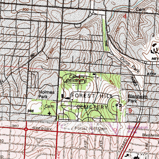 Topographic Map of Calvary Cemetery, MO