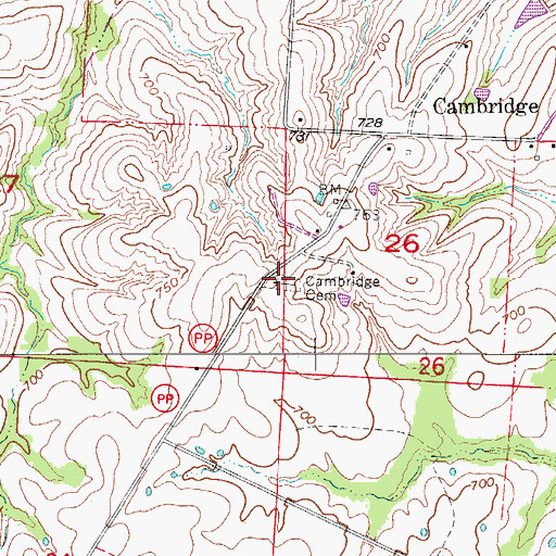 Topographic Map of Cambridge Cemetery, MO