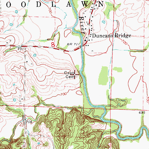 Topographic Map of Capp Cemetery, MO