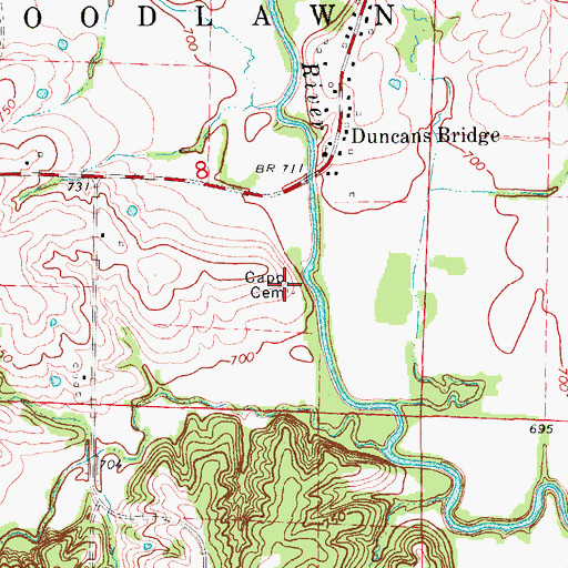Topographic Map of Capp Cemetery, MO