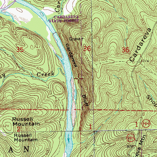 Topographic Map of Cardareva Bluff, MO