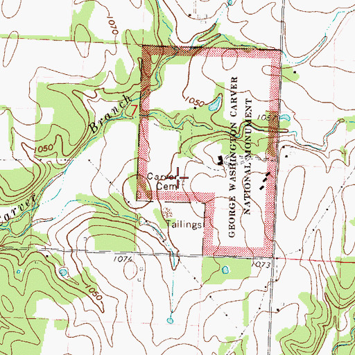 Topographic Map of Carver Cemetery, MO