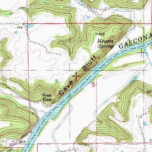 Topographic Map of Cave Bluff, MO