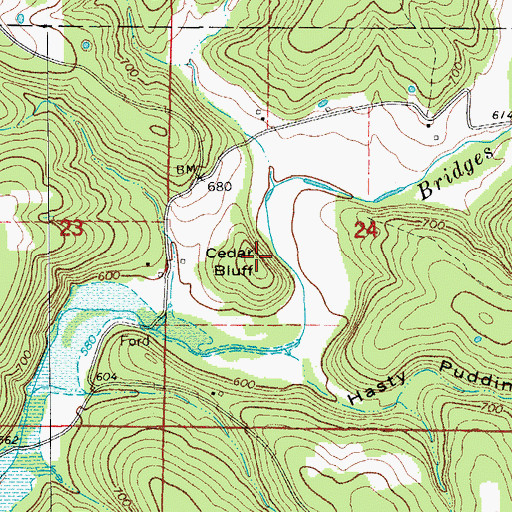 Topographic Map of Cedar Bluff, MO