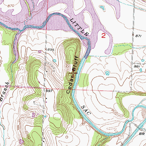 Topographic Map of Cedar Bluff, MO