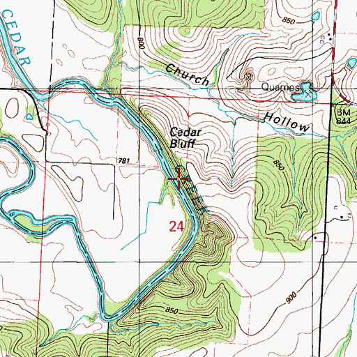 Topographic Map of Cedar Bluff, MO