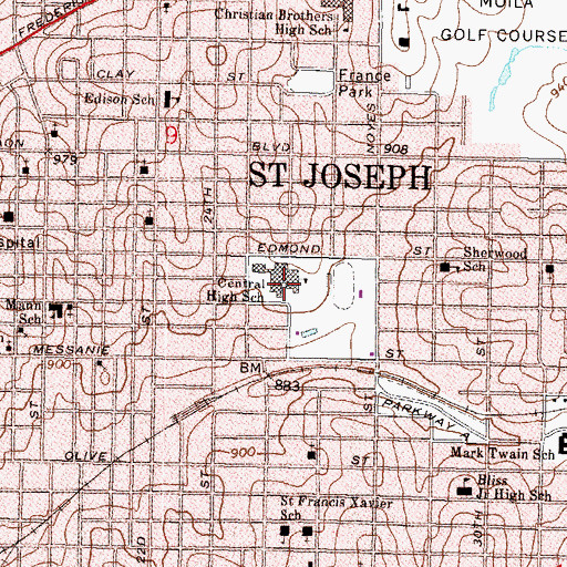 Topographic Map of Central High School, MO