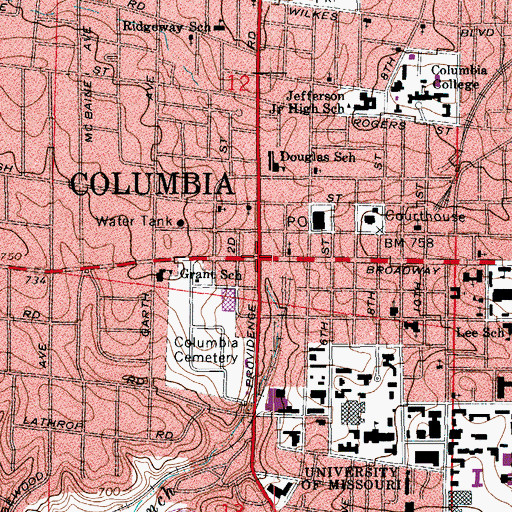 Topographic Map of Columbia, MO