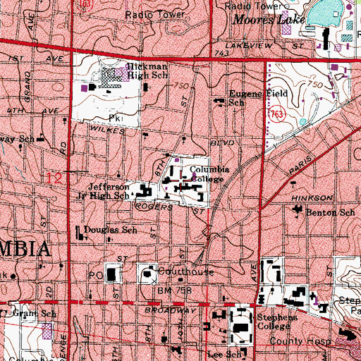 Topographic Map of Columbia College, MO