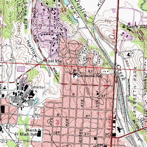 Topographic Map of Columbia Elementary School, MO