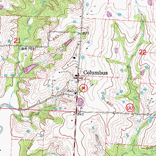 Topographic Map of Columbus, MO