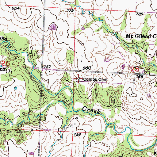 Topographic Map of Combs Cemetery, MO