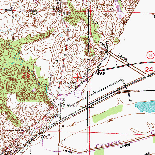 Topographic Map of Cravens Cemetery, MO