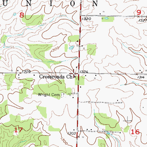 Topographic Map of Crossroads Church, MO