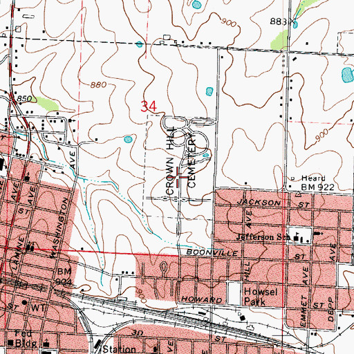 Topographic Map of Crown Hill Cemetery, MO