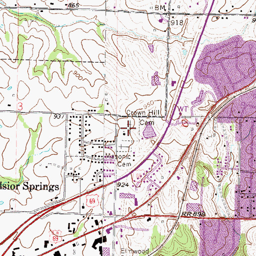Topographic Map of Crown Hill Cemetery, MO