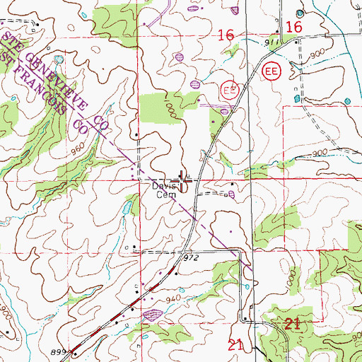 Topographic Map of Davis Cemetery, MO