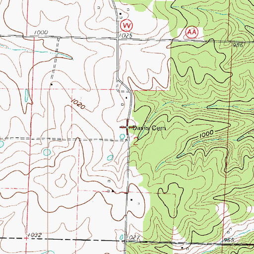Topographic Map of Davis Cemetery, MO