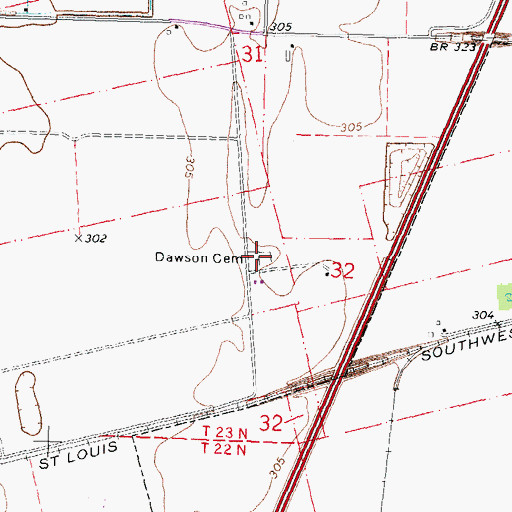 Topographic Map of Dawson Cemetery, MO