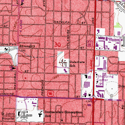 Topographic Map of Delaware School, MO