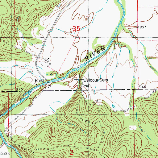 Topographic Map of Delcour Cemetery, MO