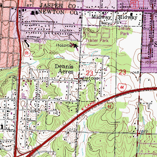 Topographic Map of Dennis Acres, MO