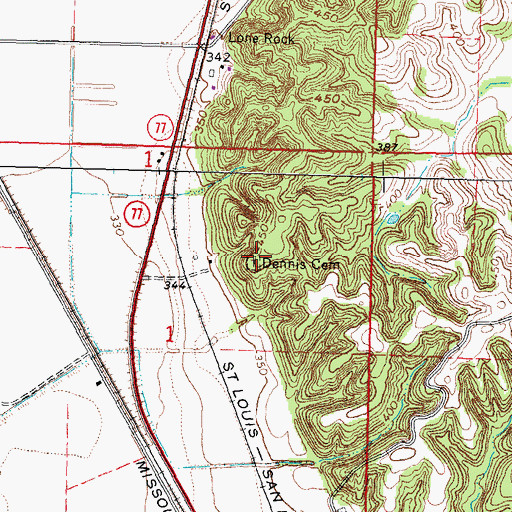 Topographic Map of Dennis Cemetery, MO
