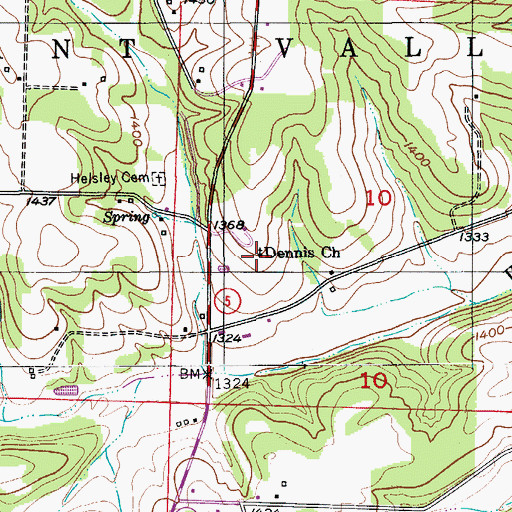 Topographic Map of Dennis Church, MO