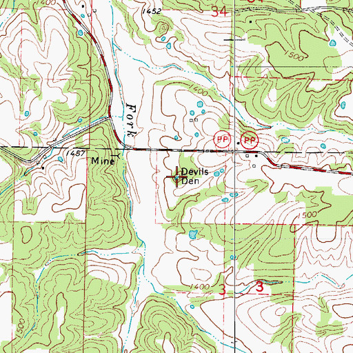 Topographic Map of Devils Den, MO