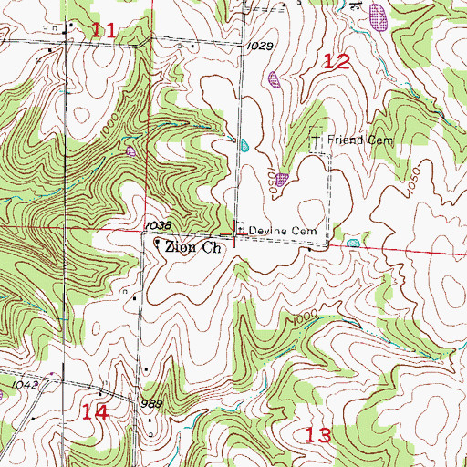 Topographic Map of Devine Cemetery, MO