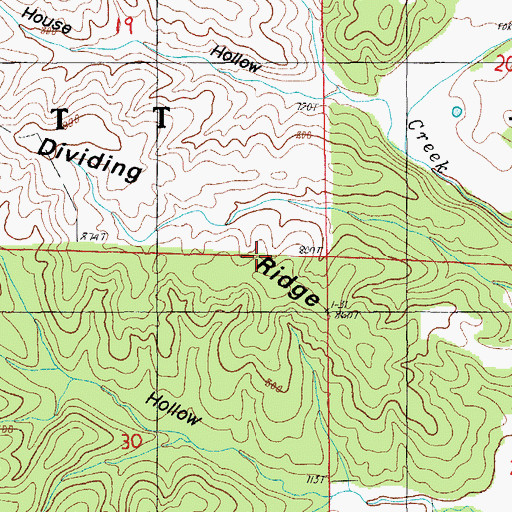 Topographic Map of Dividing Ridge, MO