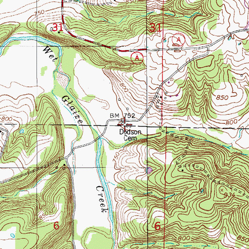 Topographic Map of Dodson Cemetery, MO